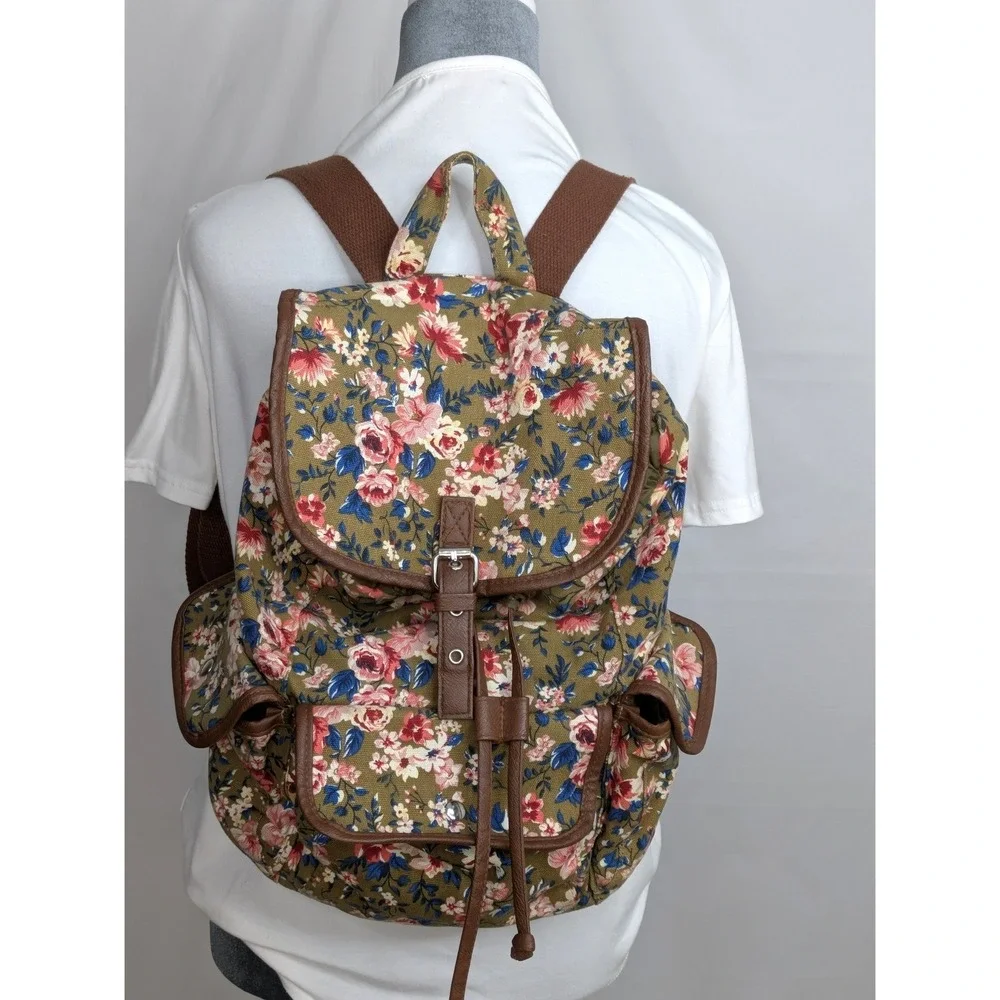 Floral Canvas Backpack Boho Cottagecore Olive Brown Drawstring Buckle 15x12